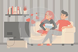 Couple watching romantic movie at home. Woman