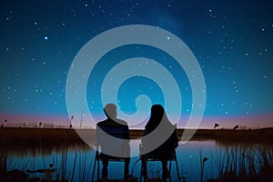 couple watching stars, chairs side by side, still lake