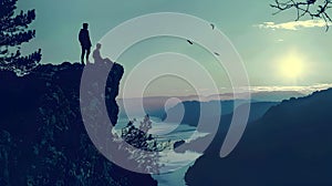 Couple Watching Sunset from Cliff in Romantic Landscape