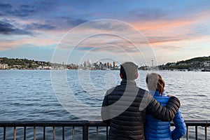 Couple Watching Sunset at Gas Works Park in Seattle