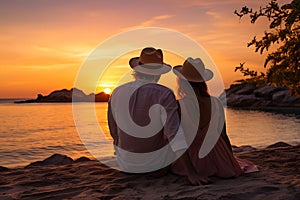 Couple watching sunset while sitting together on beach during summer tropical vacation