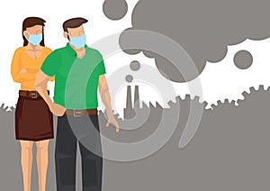 Couple wearing face mask because of air pollution in the city. Air Pollution concept