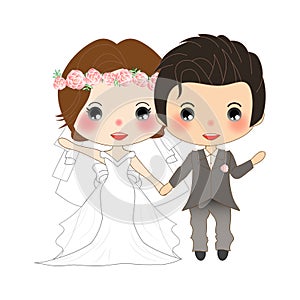 Couple Wedding. Cute Woman in Bride Dress and Handsome Man in Groom Tuxedo. Vector. Illustration.