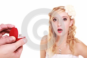 Couple with wedding ring and gift box isolated