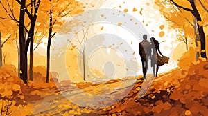 A couple were walking in the forest in autumn