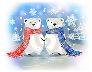 Couple of White little bears with snowflakes.Christmas concept