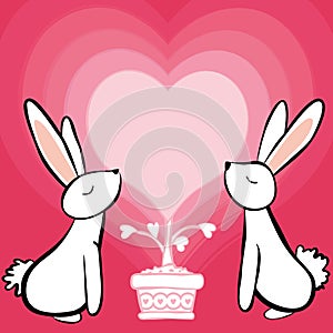 Couple white rabbit feeling in love, Greeting card vector illustration