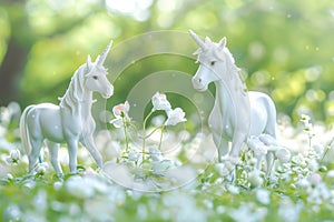 Couple white unicorns figurines playing in the white flower field, cute and dreamy, sunny day, bright green background, magical