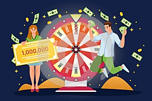 Couple win jackpot in lottery. Vector flat cartoon illustration. Lucky man, woman have won money prize in fortuna wheel
