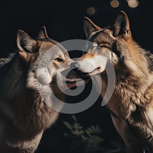 A couple of wolfs standing next to each other. Generative AI image.