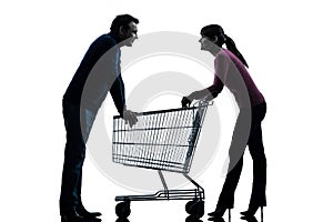 Couple woman man with shopping cart dating flirting silhouette