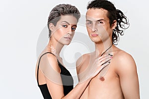 Couple woman and man Vitiligo skin problems portrait. Unusual pe