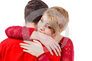 Couple. Woman is sad and being consoled by his partner