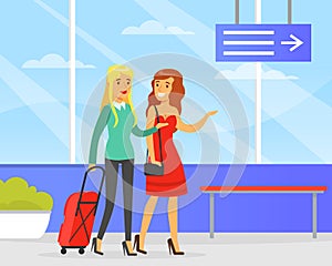 Couple of Women with Luggage Walking at Airport, Smiling Female Friends Going on Vacation Cartoon Vector Illustration