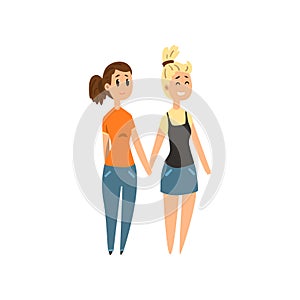 Couple of women standing together holding hands, lgbt women in love cartoon vector Illustration