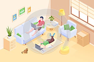 Couple working home online freelance, isometric