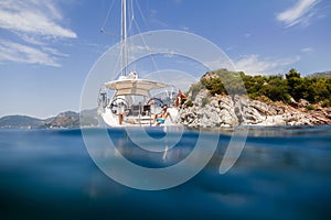 Couple yacht honeymoon sailing luxury cruise