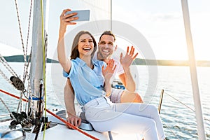 Couple On Yacht Making Selfie Enjoying Cruise At Seaside