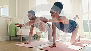 Couple, yoga and balance, body and fitness at home with bonding, workout together with stretching and healing. Self care