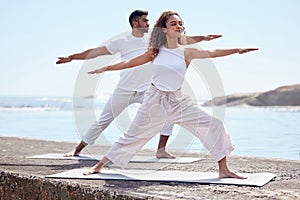 Couple yoga, beach and exercise outdoor in nature for fitness workout and wellness. African woman and a man at ocean for