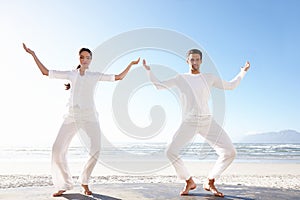 Couple, yoga or beach in mindfulness, practice of meditation as health, fitness or wellness in peace. Man, woman or eyes
