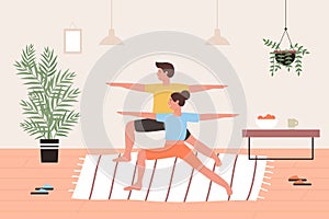 Couple yoga exercise, cartoon lovers, friends people doing yoga asana pose, workout in home interior