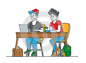 Couple of Young Male and Female Students Characters Sitting at Desk in Classroom Listening and Writing Lecture