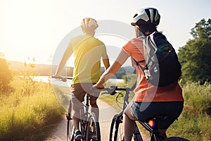 Couple of young man and woman cycling together along the road at sunset time, Generative Ai