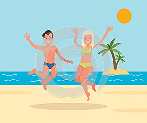 A couple of young men, a man and a woman are jumping on the beach background.