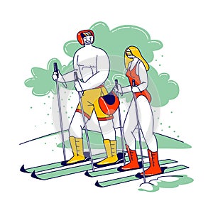 Couple of Young Naked Male and Female Characters Skiing. Man and Woman Wearing Swimsuit and Helmet Riding Ski, Challenge