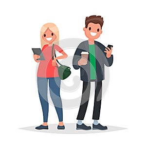 Couple of young people with gadgets. A man with a phone and a woman with a tablet. Vector illustration