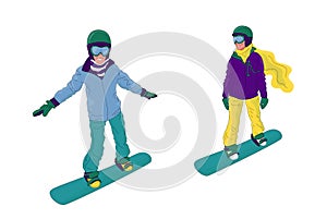 Couple of young people, man and woman, are snowboarding