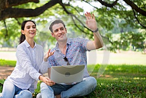 Couple young teen lover hands first greeting and impression to friend at public park,Relaxing time,Happy and smiling