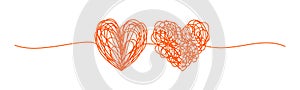 Coupled hearts tangled scribble banner hand drawn with thin line,