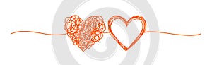 Coupled hearts tangled scribble banner hand drawn with thin line,