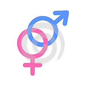 Coupled male and female gender signs. United Mars and Venus symbols. Love, relationship, marriage concept. Vector flat