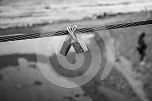 Coupled padlocks in black and white. Symbol of eternal love. photo