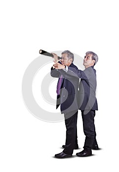 couples of asian business man spying by telescope lens for business strategy conceptual isolated white background