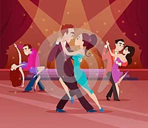 Couples on dance floor. Cartoon characters dancing