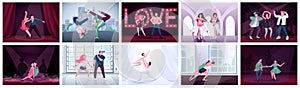 Couples dancing flat color vector illustrations set