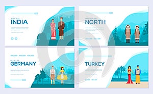 Couples from different countries of the world. Traditional clothing of different nationalities brochure card set
