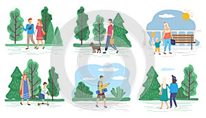 Couples and Families Walking in Summer Park Icons