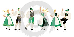Couples in folk Bavarian costumes. Set of vector illustrations of men and women dancing traditional German dances