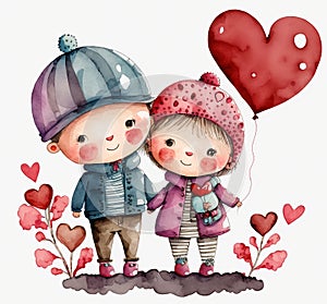 Couples love, happy boy and girl holding hands, printable valentines day watercolor painting, nursery art, heart balloon