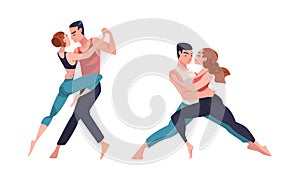 Couples of professional dancers performing choreographic elements cartoon vector illustration