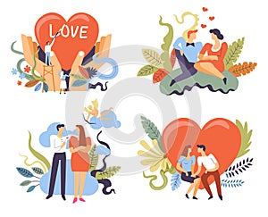 Couples on romantic dates, love and relationships, isolated icons