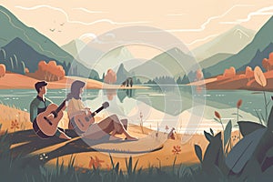 Couples Serene Picnic by the Lake