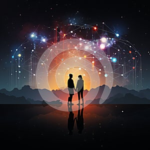 couples silhouette on a dark background with stars linked together in the background, symbolizing connection, generative ai