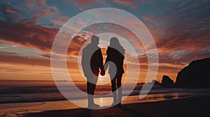 A couples silhouettes against a breathtaking sunset holding hands and enjoying the peacefulness of a Valentines Day photo