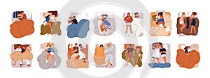 Couples sleep in beds set. Men and women asleep, lying in different positions, poses. People, wives and husbands